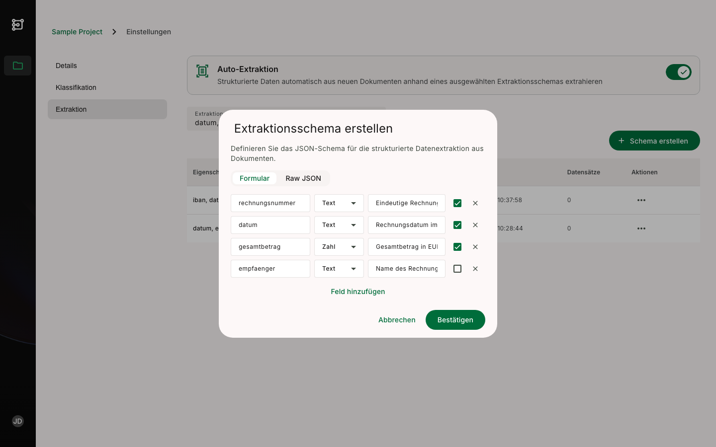 Extraktionsschema erstellen