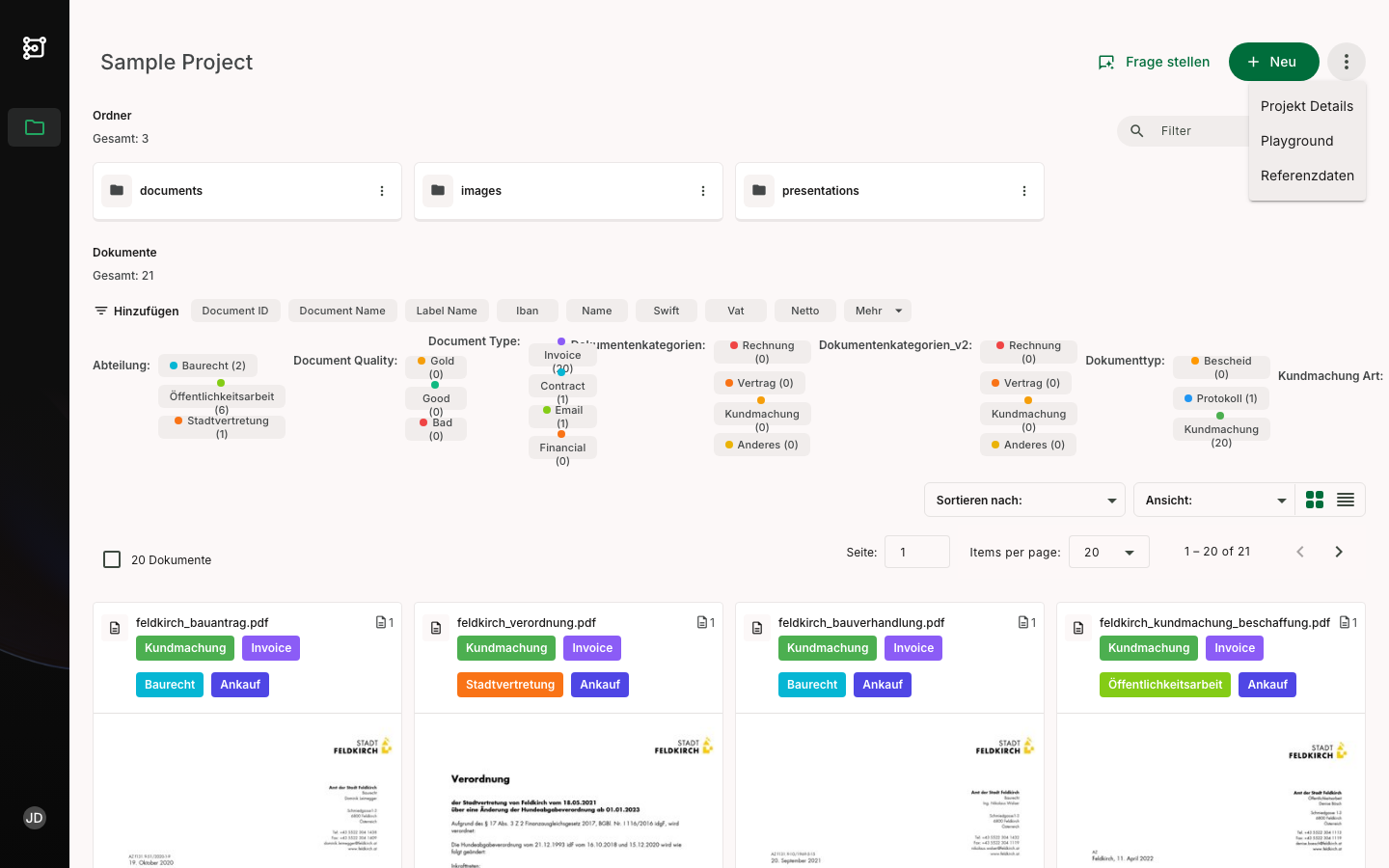 Projektmenü mit Referenzdaten