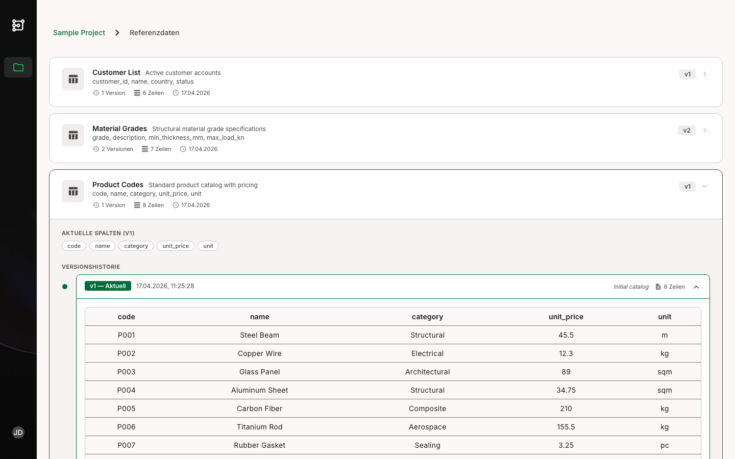 Datentabelle einer Version
