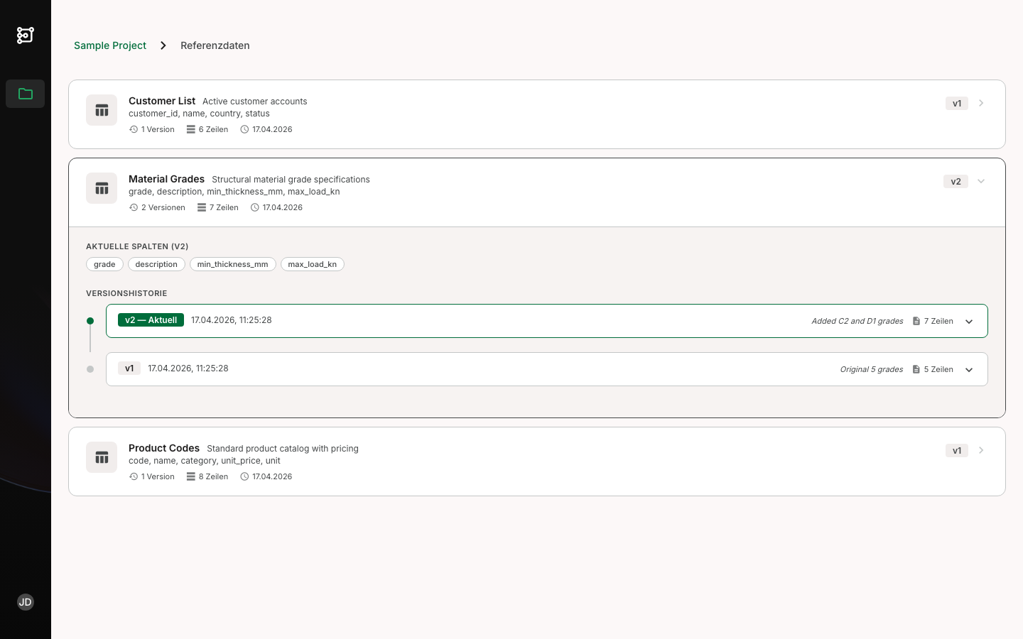 Ausgeklappter Datensatz mit Versionshistorie